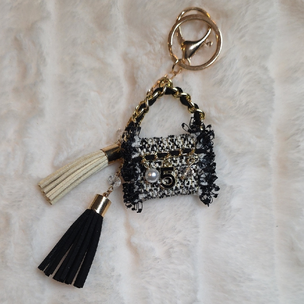 Chic Black & White Tweed Mini Purse Keychain with Tassels
